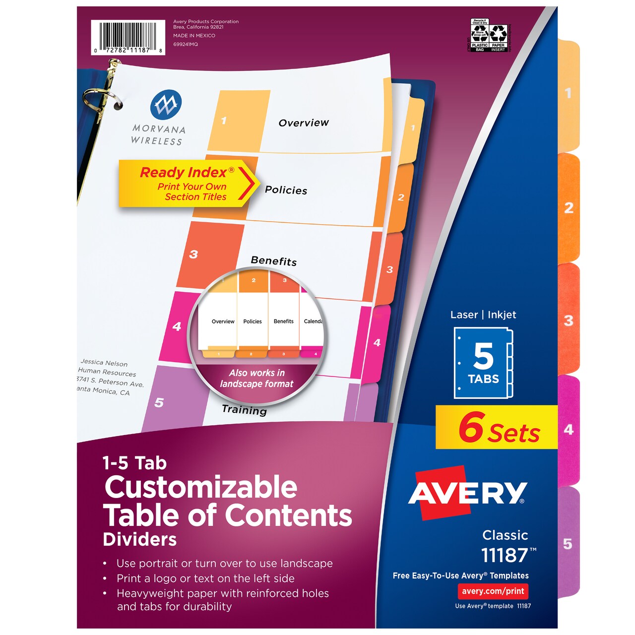Avery Ready Index 5 Tab Binder Dividers, Customizable Table of Contents, Multicolor Tabs, 6 Sets (11187)